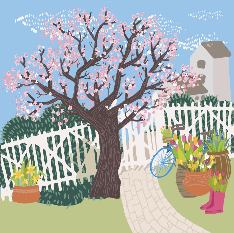 Sakura tree with blooming, spring season outside vector