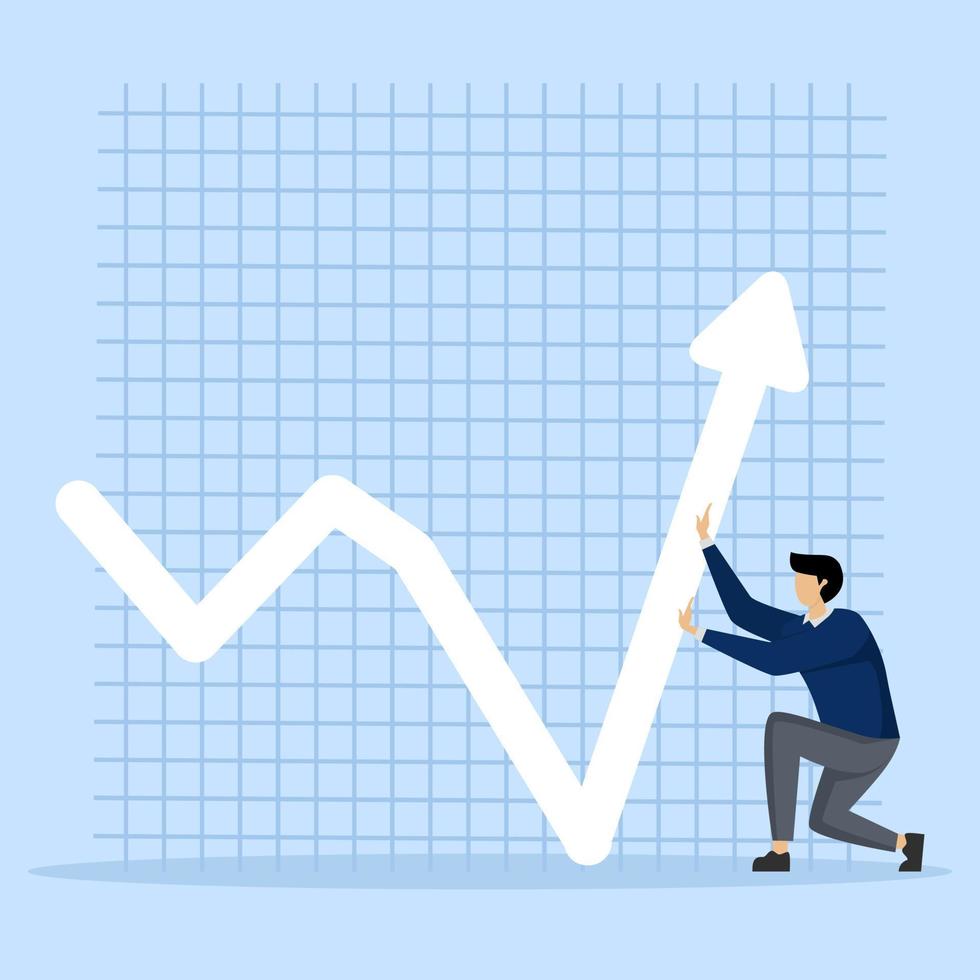 Leadership to lead business growth in market downturn, businessman investor pushing arrows and graphs to bounce back, skills of businessman or investor to manage more profit concept. vector