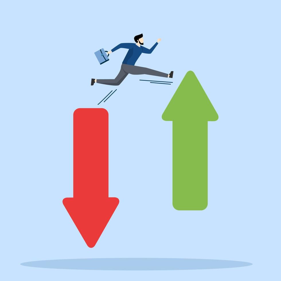 Financial Plan concept, saving and investment or stock market rebound and economic recovery concept, businessman investor confidence jumping from red arrow pointing to green. vector