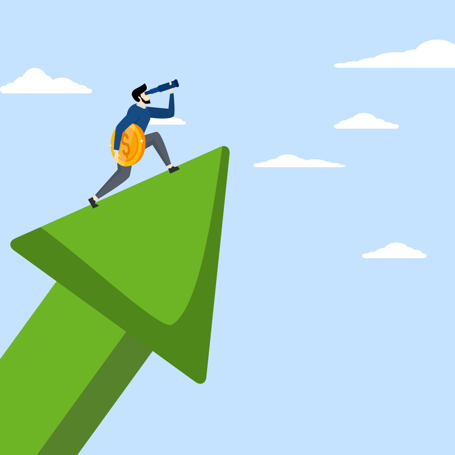 Concept of seeing the future of business. Businessman with telescope