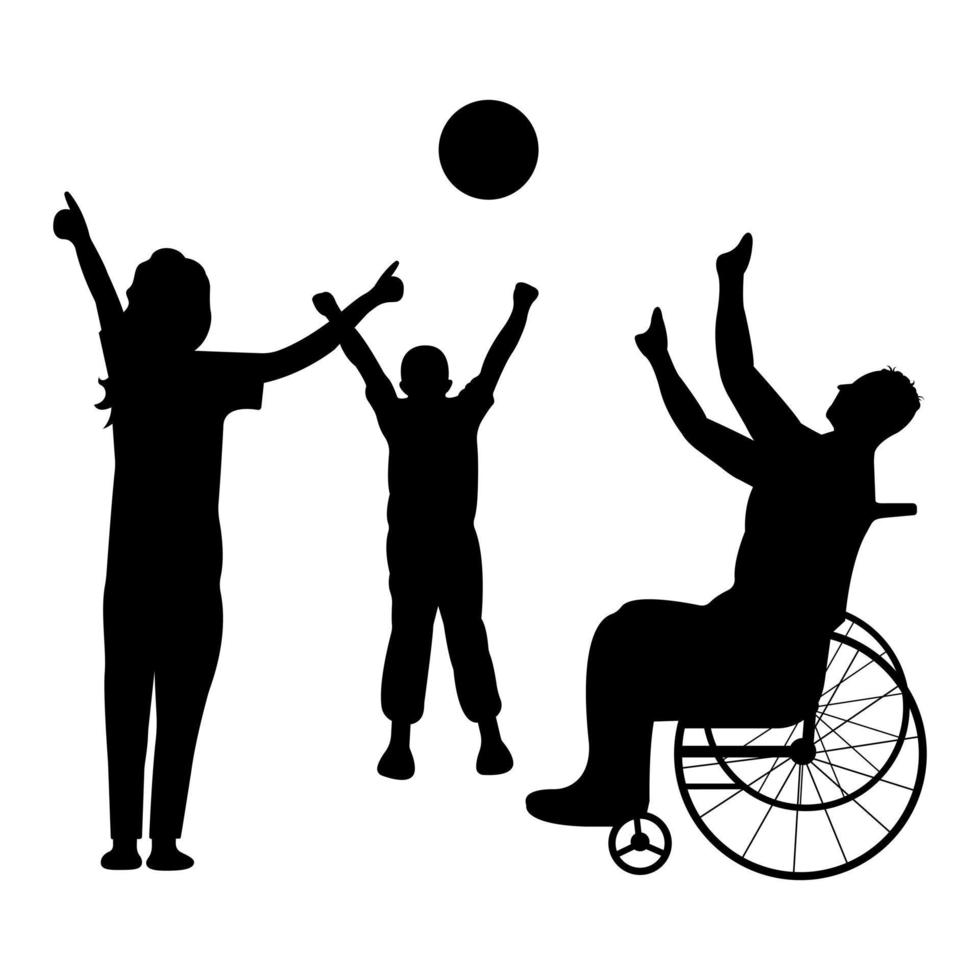 un hombre discapacitado en silla de ruedas juega a la pelota con su hijo y su esposa. concepto de familia feliz vector