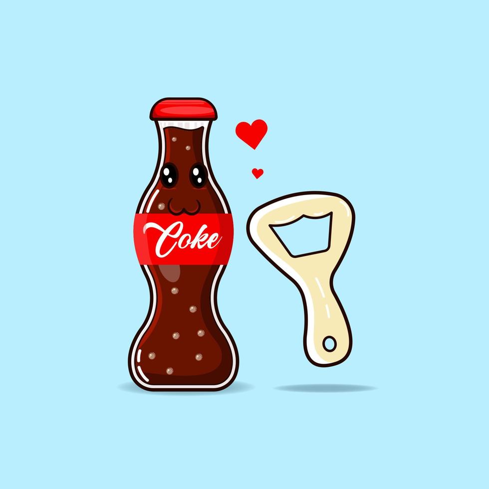 linda coca cola y abrebotellas. concepto de icono de comida rápida estilo de dibujos animados plano aislado vector