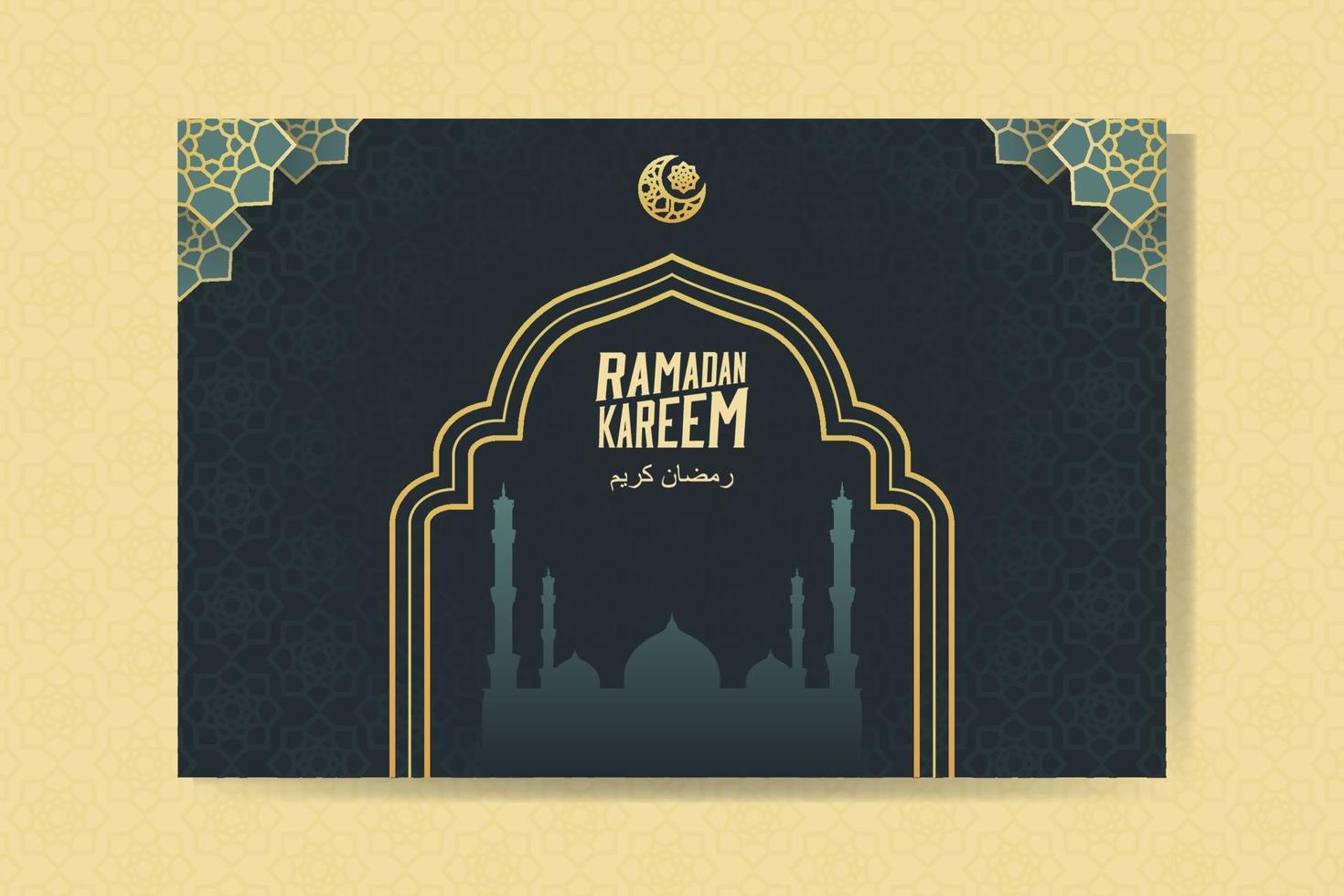 Ramadan Kareem greeting card with mosque and moon. Ramadan Mubarak. Background vector illustration.