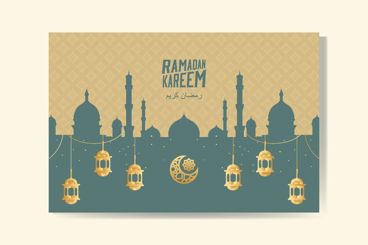 Ramadan Kareem greeting card with gold lantern and silhouette mosque Ramadan Mubarak. Background vector illustration