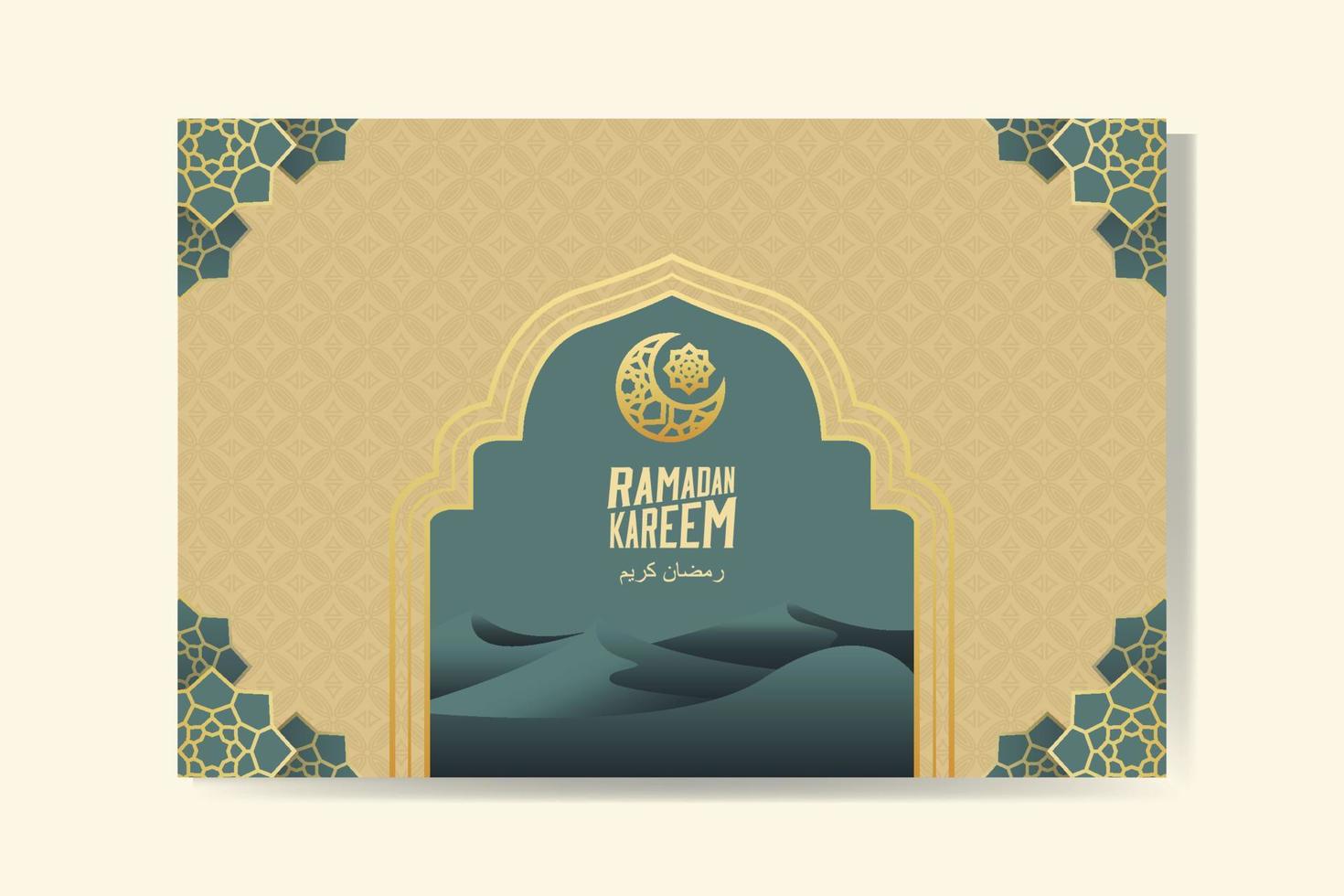 Ramadan Kareem greeting card with gold crescent moon and sand dune Ramadan Mubarak. Background vector illustration