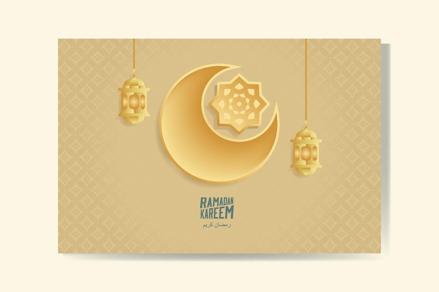 Ramadan Kareem greeting card with gold crescent moon and lantern Ramadan Mubarak. Background vector illustration.