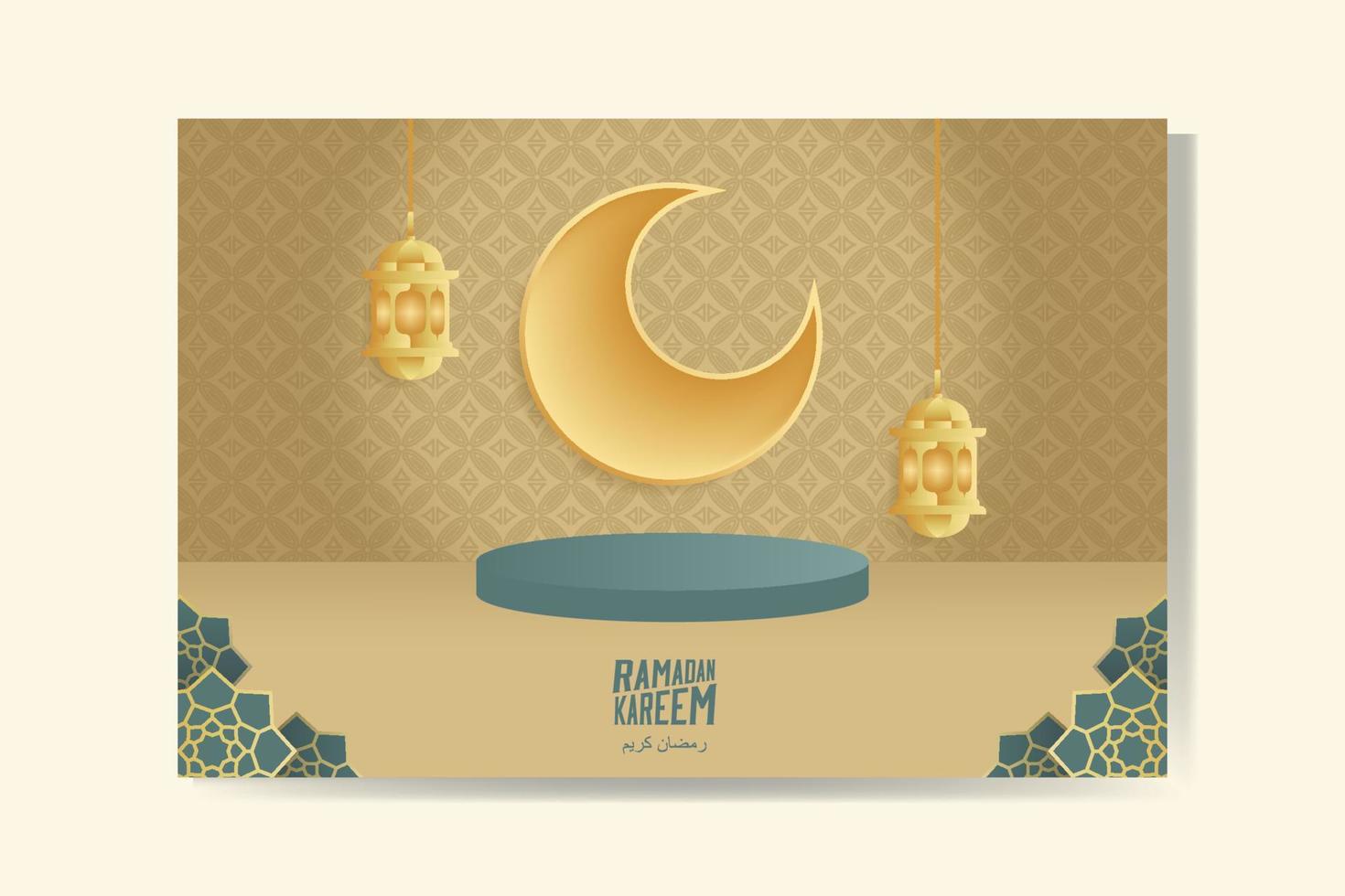 Ramadan Kareem greeting card with gold crescent moon and lantern Ramadan Mubarak. Background vector illustration.