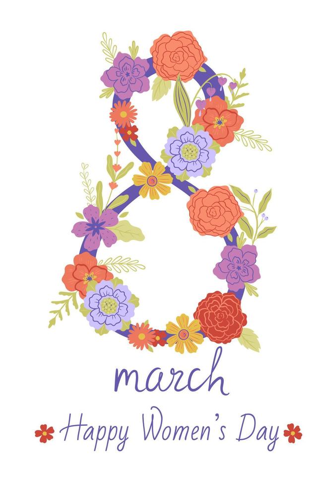 postal o cartel para el ocho de marzo con flores. gráficos vectoriales vector