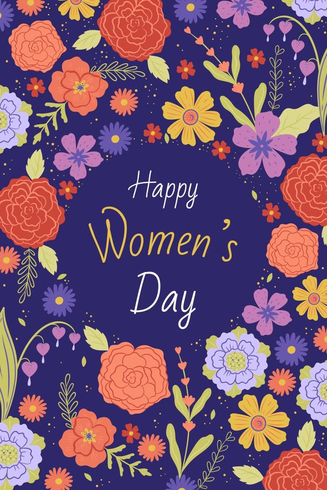 Postcard or poster for women's day with flowers. Vector graphics.