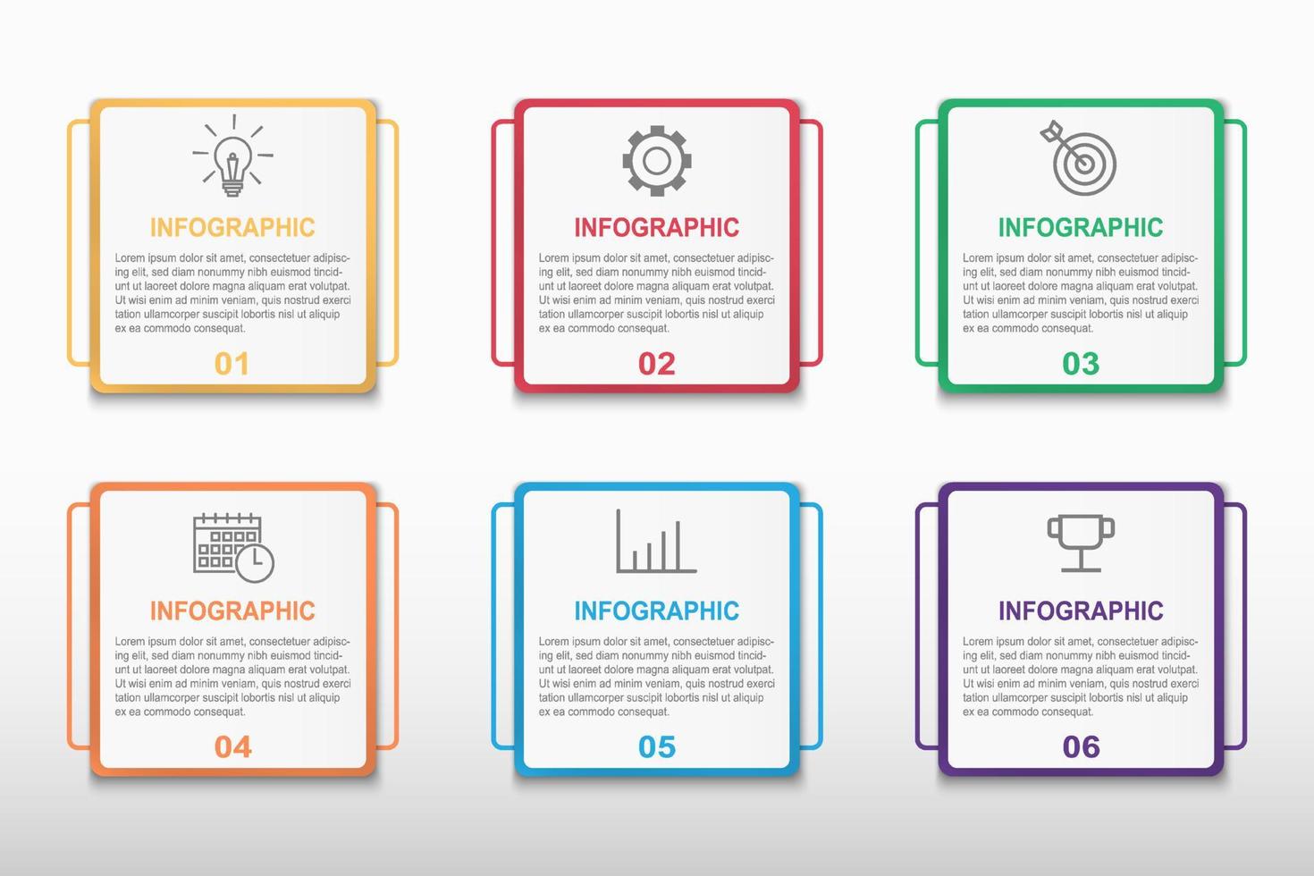 Infographic vector template with 6 colours round square step or option and number. Business presentation, target goal report, project timeline, strategy plan, success information, flat diagram layout.