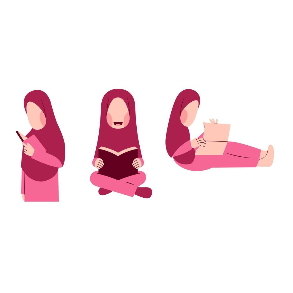 Set Of Hijab Girl Character Reading Book vector