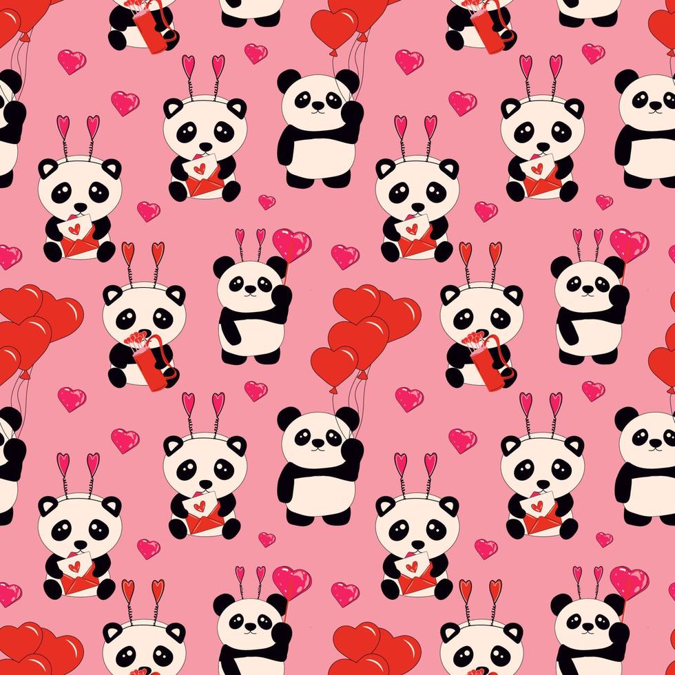 Seamless Pattern with Cute little sitting pandas holds hearts. Love, Valentine's Day vector