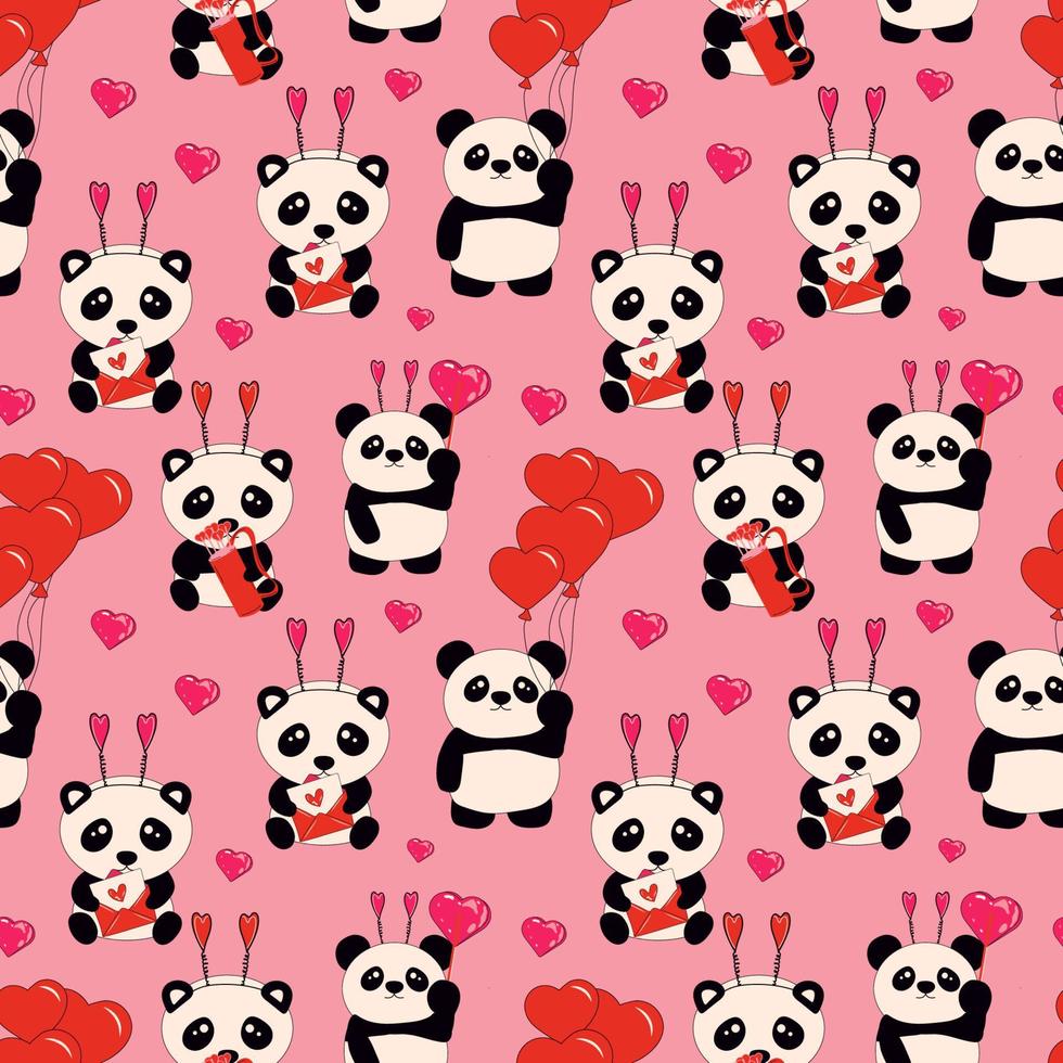 patrón sin costuras con lindos pandas sentados sostiene corazones. amor, día de san valentín vector