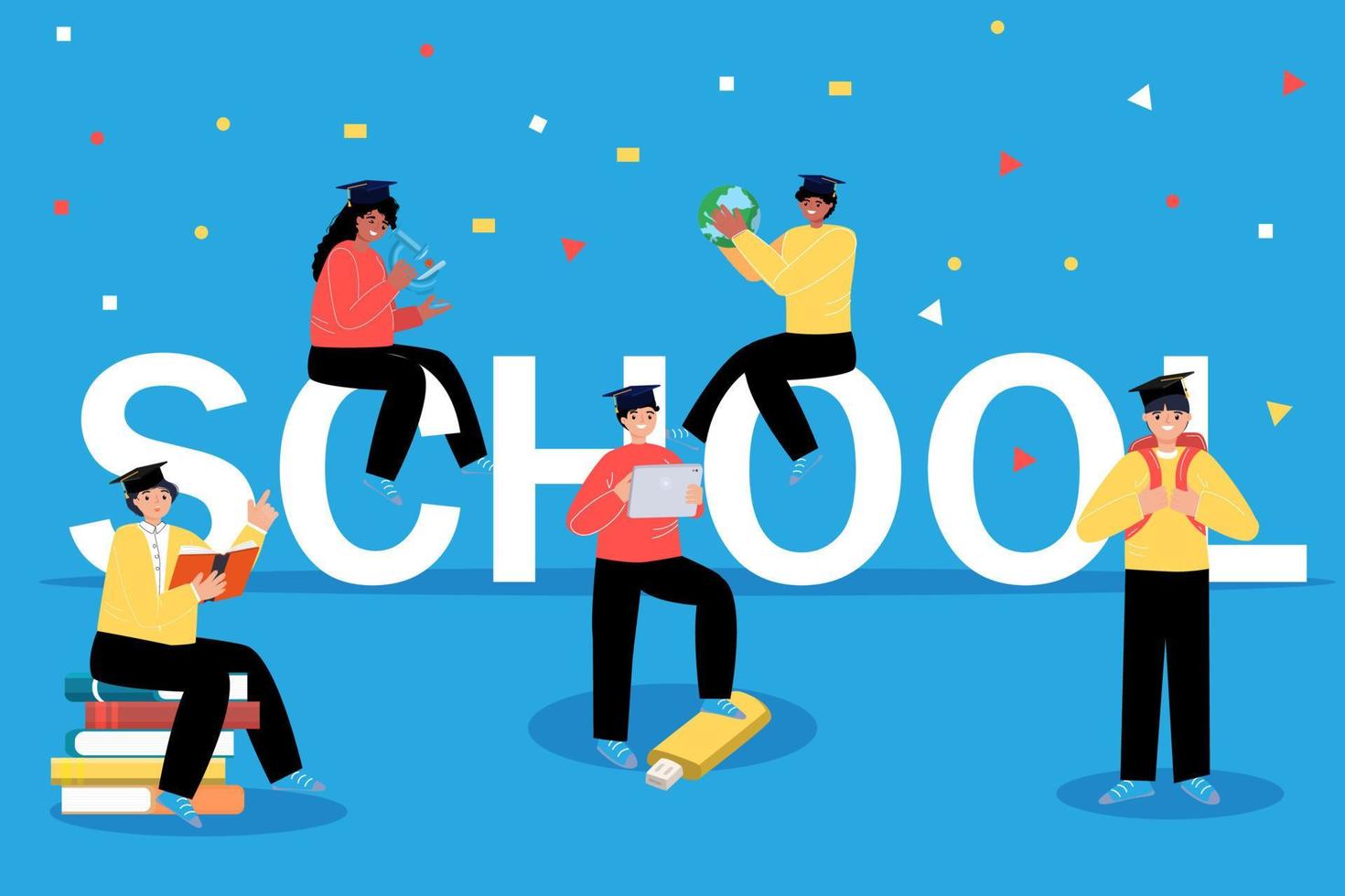Education concept. School. Small characters male and female. Back to school. Cartoon flat vector illustration.