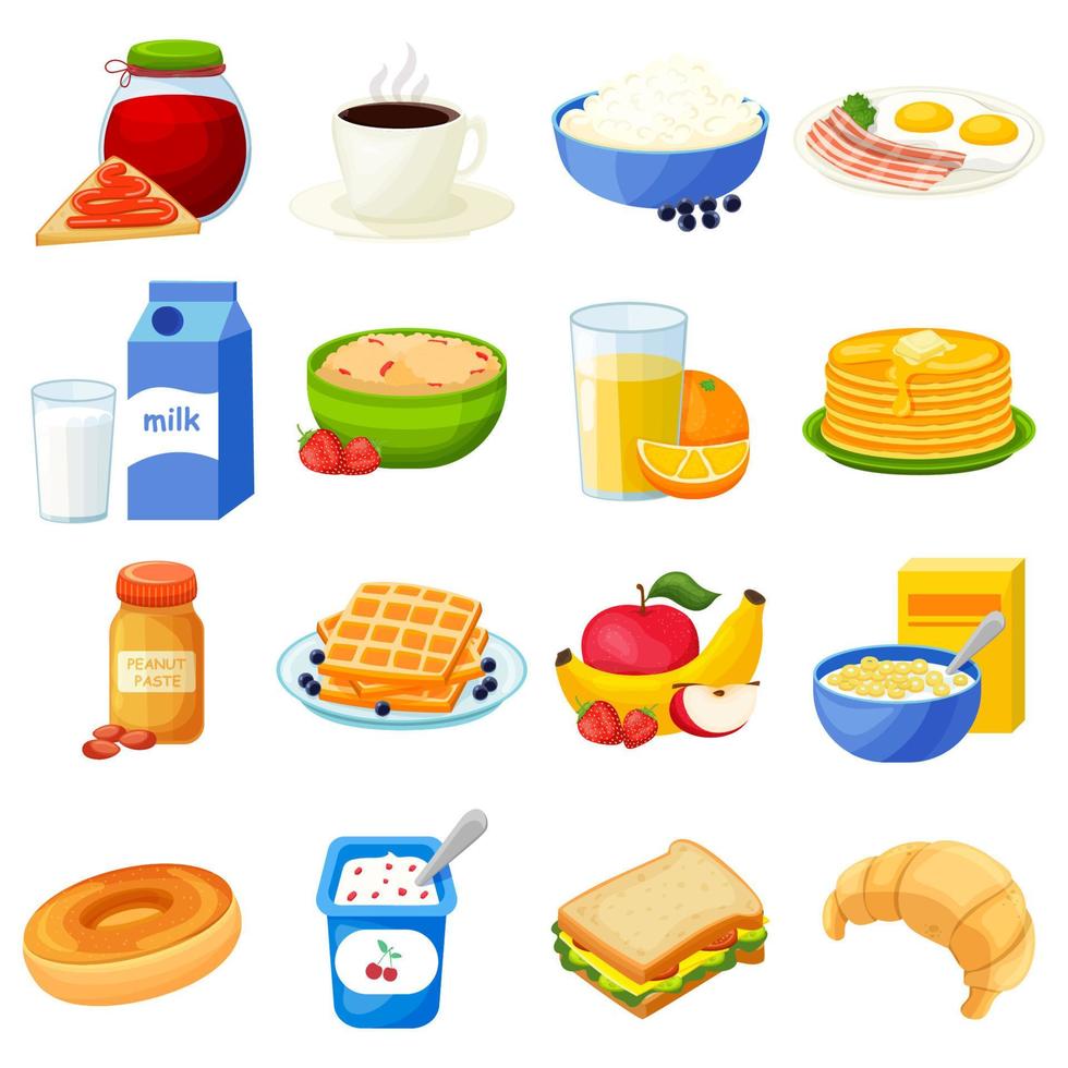 desayunos gran conjunto de iconos planos. aislado sobre fondo blanco. desayuno saludable. para su diseño. vector