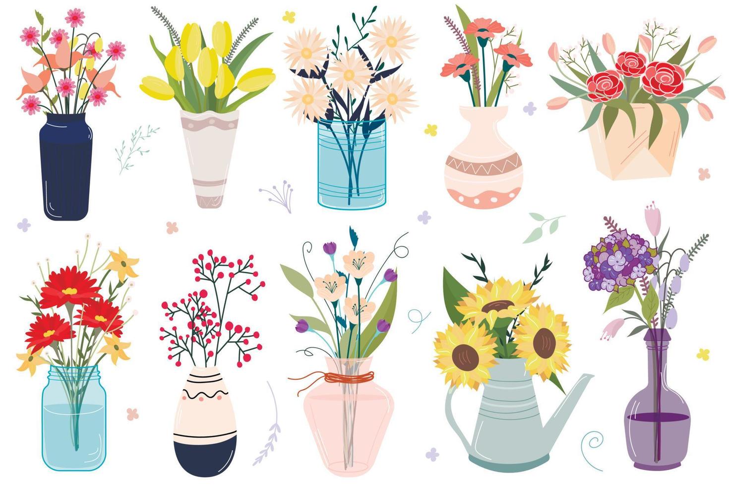 A set of blooming soda beautiful flowers in vases and jars. In a modern flat style. Decorative floral elements. vector