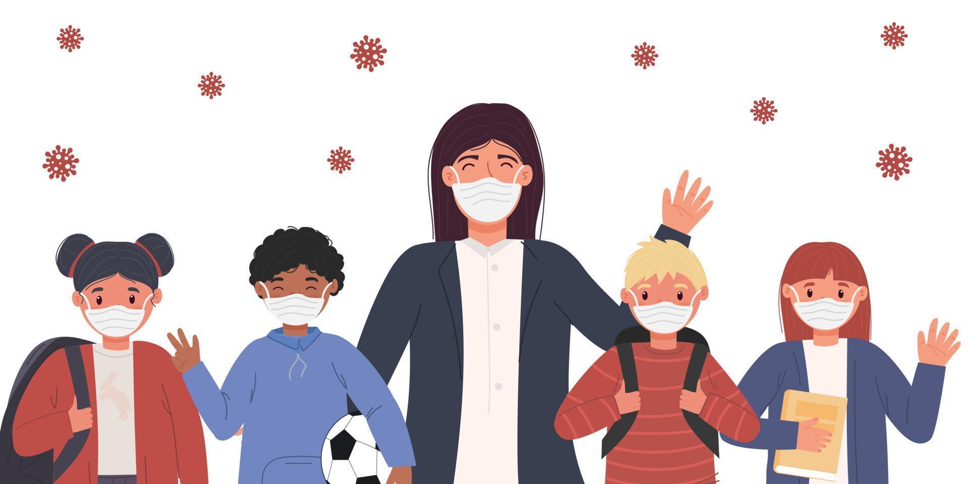 Back to school. Education concept. Children and teacher in a medical mask. Virus protection, covid 19. A group of children isolated on a white background. vector