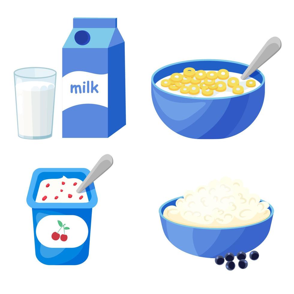 Milk, cereals, cottage cheese, yogurt. Set milk breakfast. Icon in cartoon style. Isolated object. vector