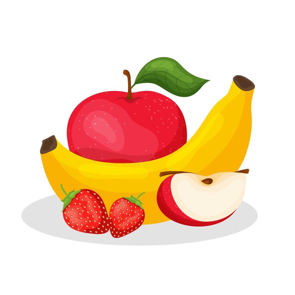 plátano, manzana, fresa. desayuno de frutas bocadillo. comida saludable. icono en estilo de dibujos animados. objeto aislado. vector