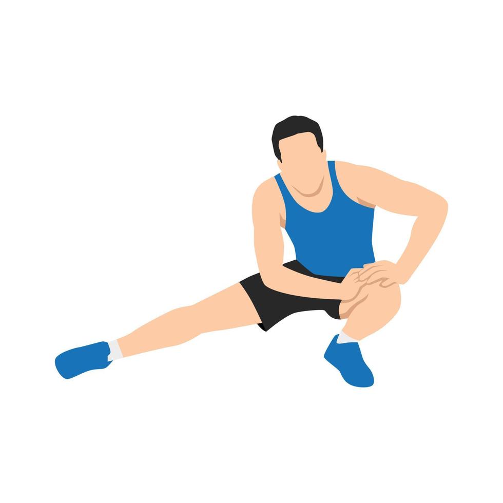 Man stretching thighs and leg before workout. Flat vector illustration isolated on white background