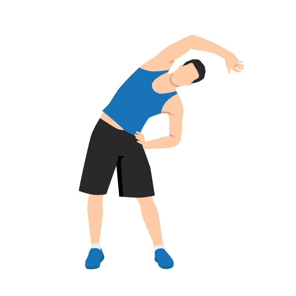 Man doing side bends, stretching hand on hips. Sport exercise, fitness workout. Flat vector illustration isolated on white background