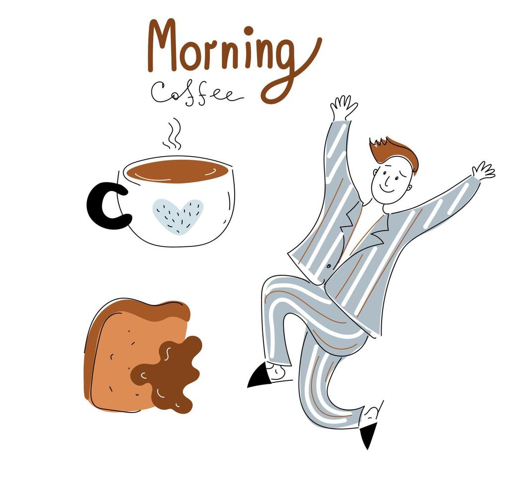 young cheerful man in pajamas happily dances. weekend morning  coffee, Vector doodle set illustration.