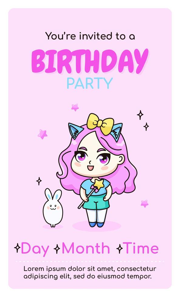 Happy birthday vertical invitation card with cartoon kawaii anime girl and rabbit. Vector illustration for celebrating date birth. Web or print design.