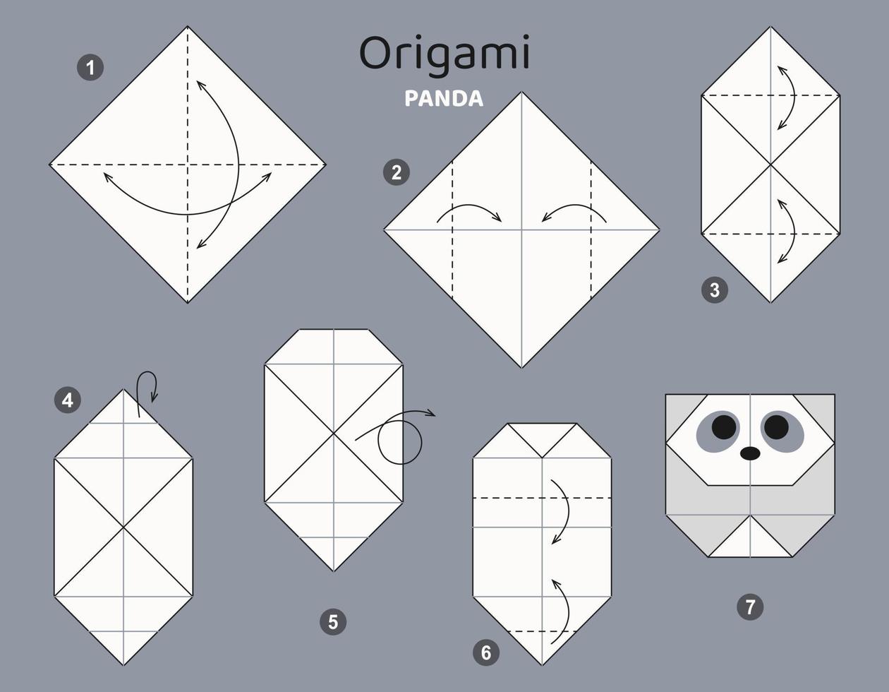 Tutorial Panda origami scheme. isolated origami elements on grey backdrop. Origami for kids. Step by step how to make origami Fish. Vector illustration.