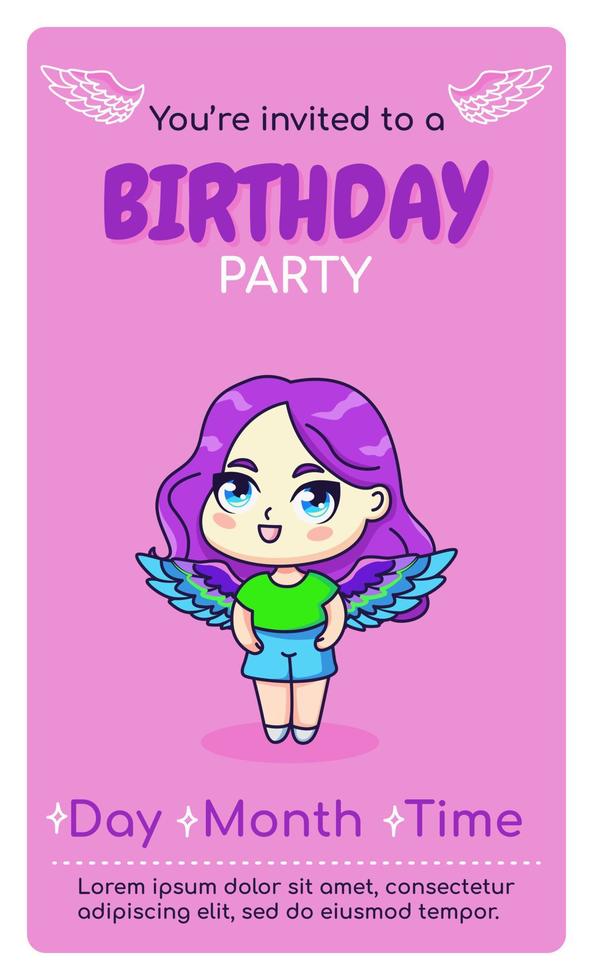 Tarjeta mágica de invitación vertical de feliz cumpleaños con una chica de anime kawaii de dibujos animados. ilustración vectorial para celebrar la fecha de nacimiento. diseño web o de impresión. vector