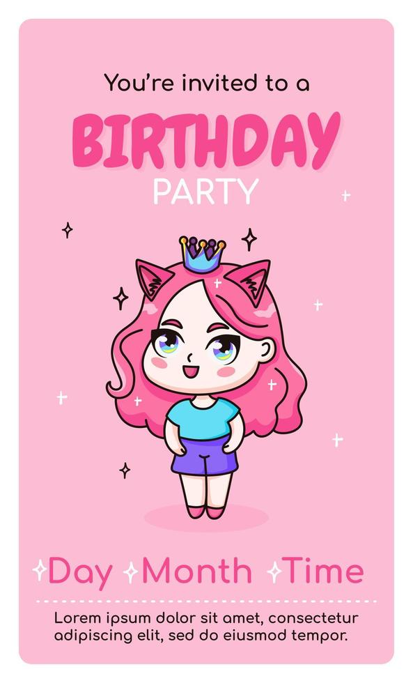 Happy birthday vertical invitation card with cartoon kawaii anime girl. Vector illustration for celebrating date birth. Web or print design.