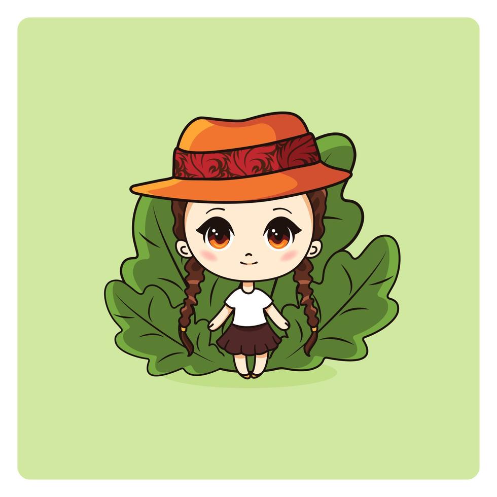 Cute and kawaii girl in hat. Happily manga chibi girl with leaves. Vector Illustration. All objects are isolated. Art for prints, covers, posters and any use.