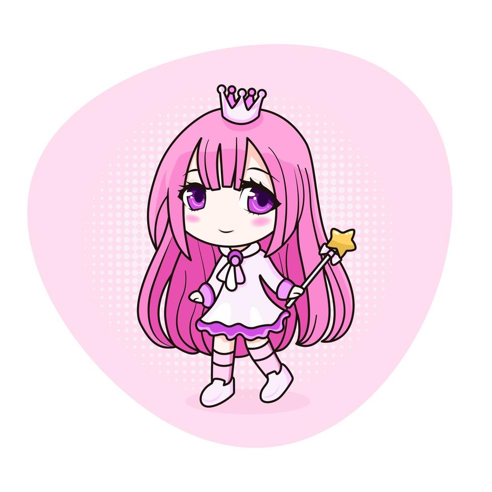 linda y kawaii princesa con cabello rosado. felizmente manga chibi girl con corona. ilustración vectorial todos los objetos están aislados. arte para grabados, portadas, carteles y cualquier uso. vector