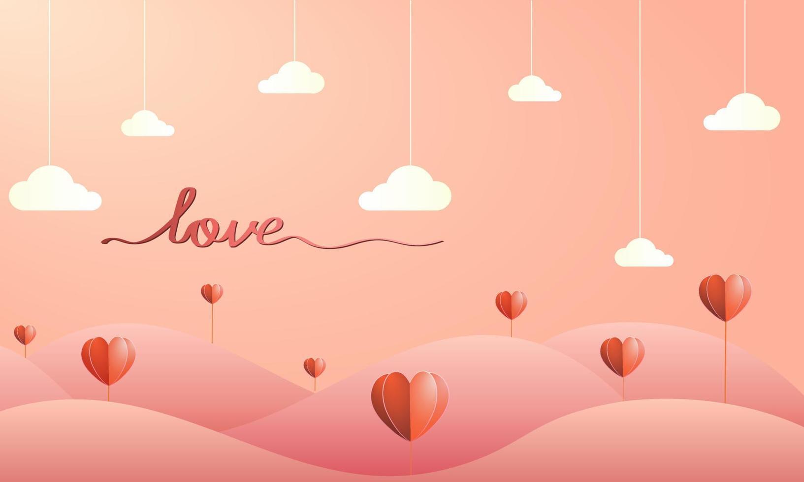 Red background with clouds and hearts growing out of the ground. An inscription of love. Vector. Horizontal vector