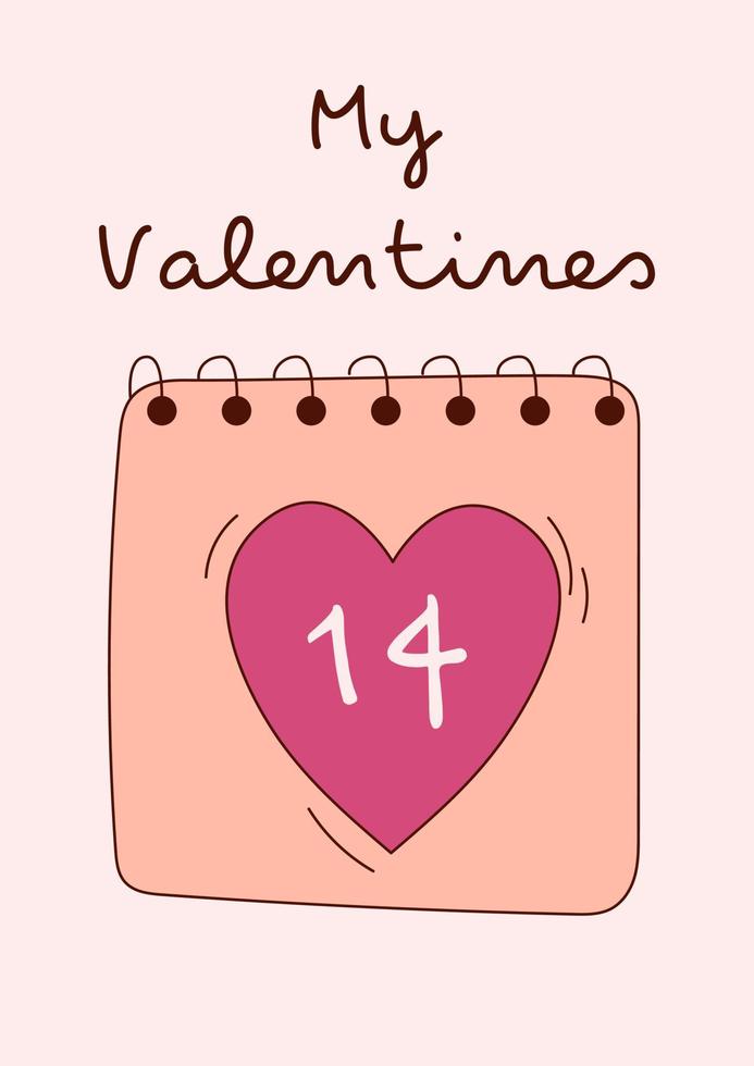 tarjeta de felicitación del día de san valentín con calendario. ilustración vectorial vector
