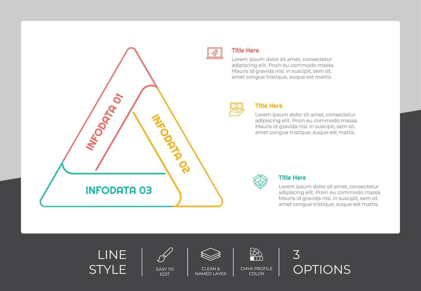 diseño vectorial de infografía triangular con 3 opciones y estilo colorido para fines de presentación. La infografía de opción de línea se puede utilizar para negocios y marketing vector