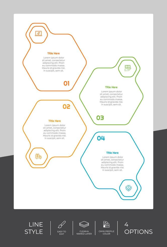 diseño de vector infográfico de flujo de trabajo con 4 pasos y diseño de línea. La infografía de pasos se puede utilizar para presentaciones, informes anuales y fines comerciales.