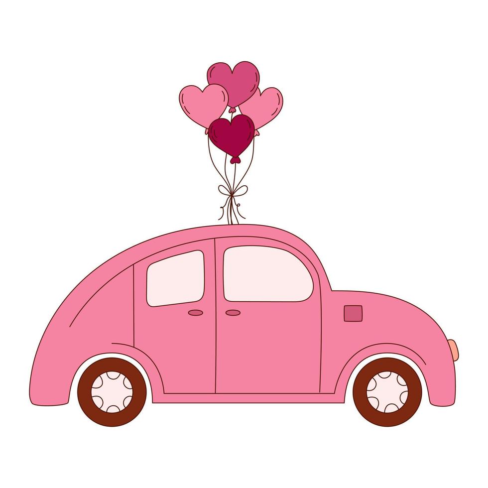 Hand drawn pink car with balloons for Valentine day. Design elements for posters, greeting cards, banners and invitations. vector