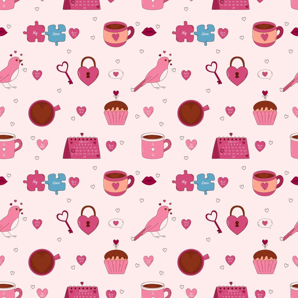 Valentine's Day Hand drawn seamless pattern. Ring box, love letter, chocolate box, postcard, wine, heart and other elements. vector