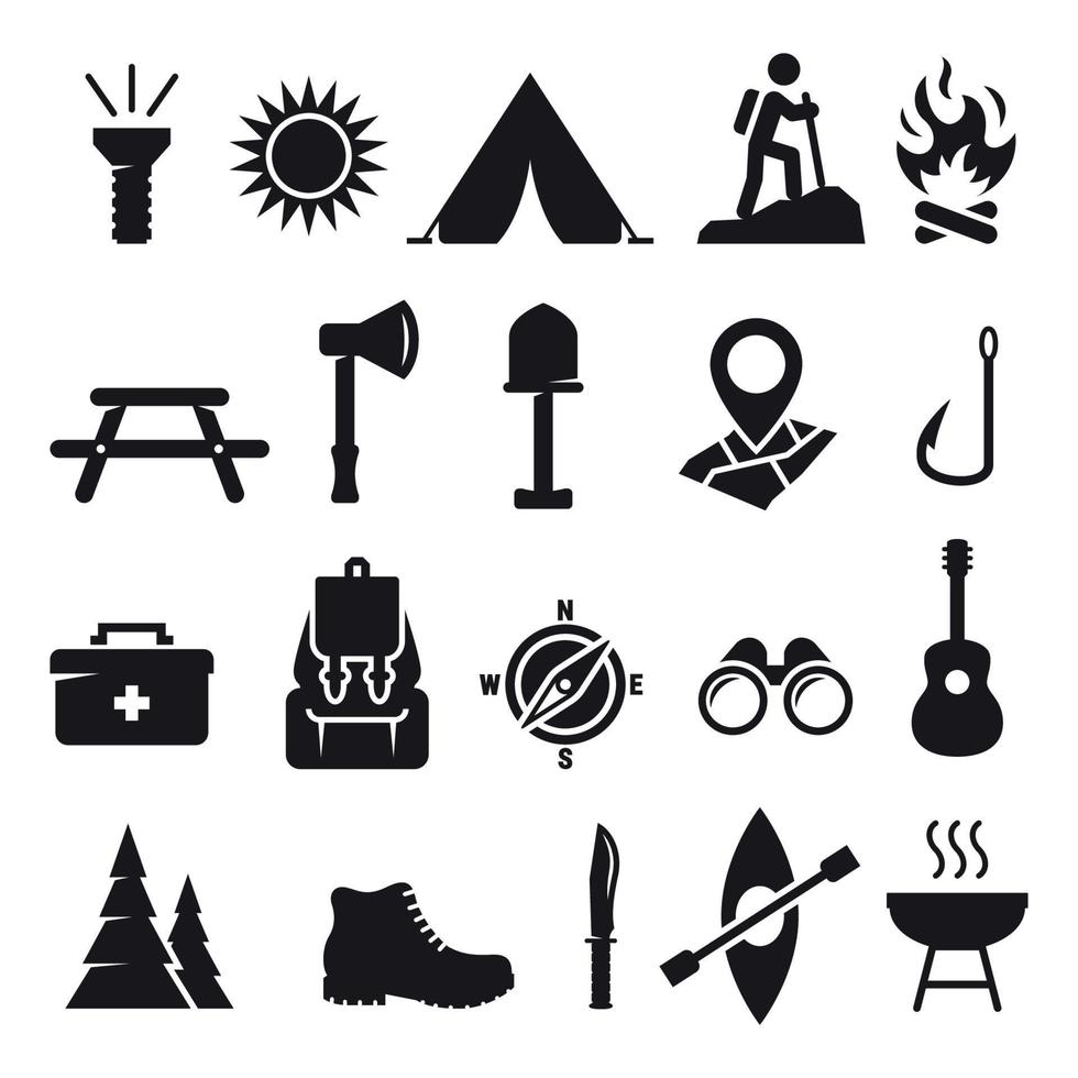 conjunto de iconos de camping. Negro sobre un fondo blanco vector