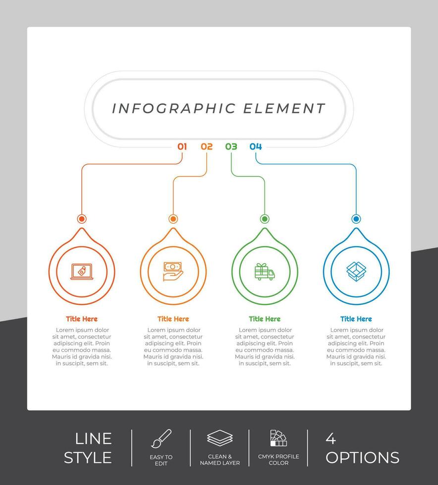 infografía de opción de negocio de presentación con estilo de línea y concepto colorido. Se pueden usar 4 opciones de infografía para fines comerciales. vector