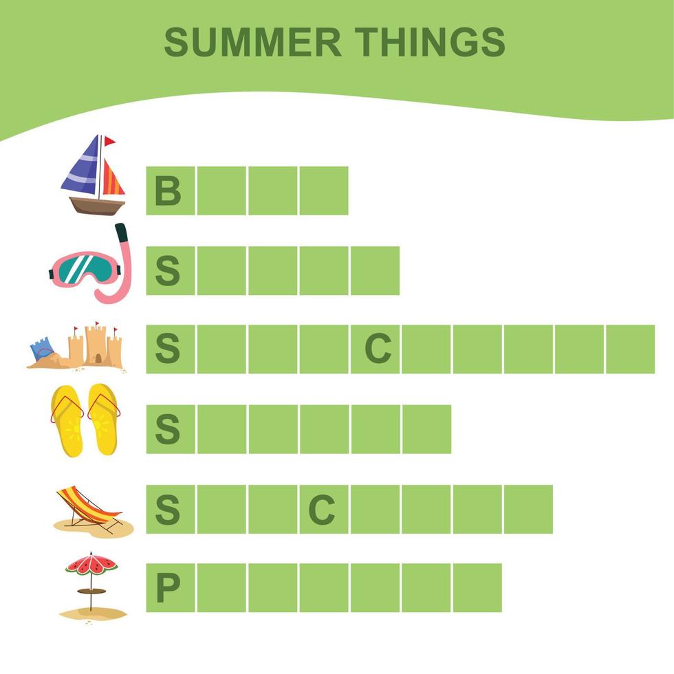 Summer Things Names Worksheet. Educational activity for preschool kids. Preschool Education. Vector illustration.
