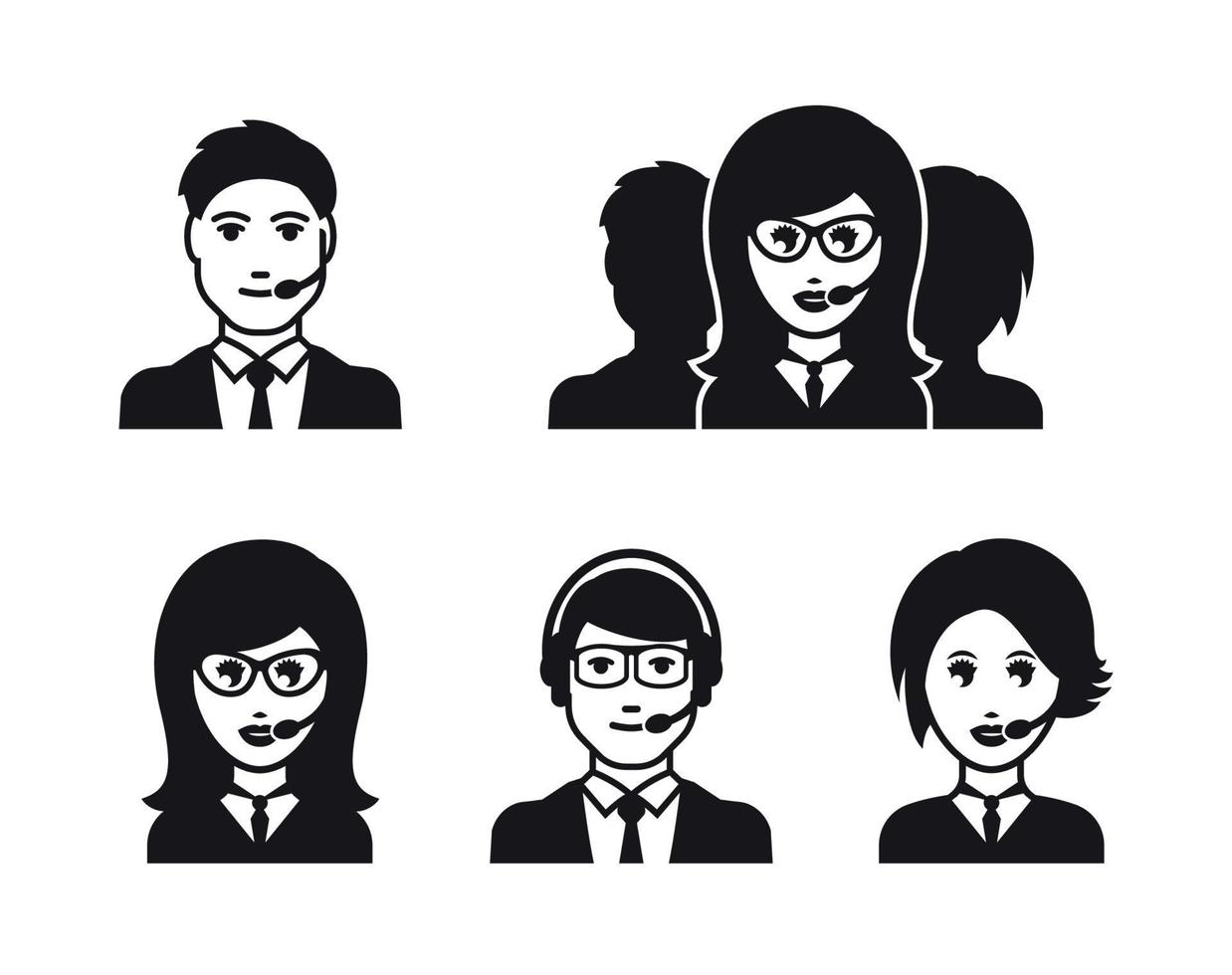 Male and female operator call center avatars icons. Black on a white background vector