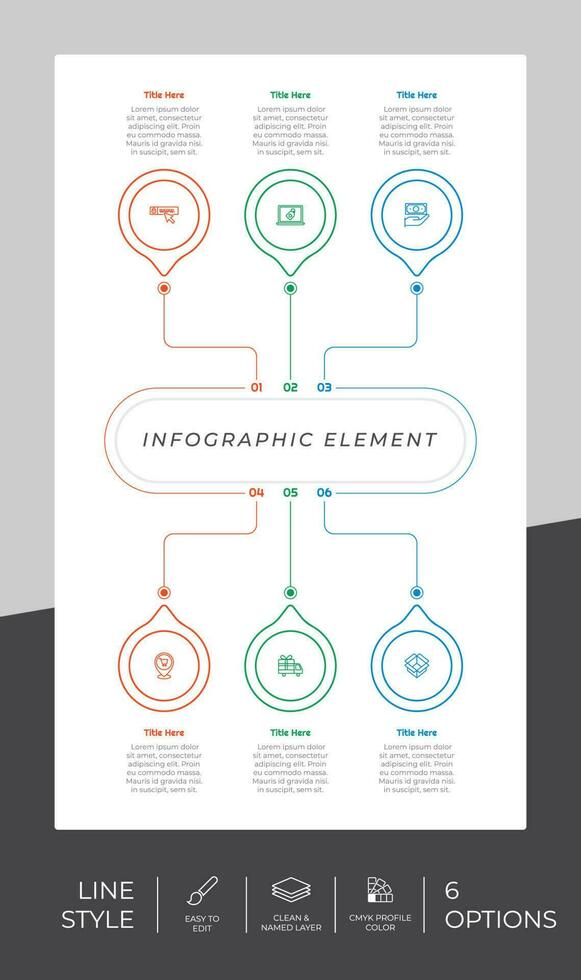 Presentation business option infographic with line style and colorful concept. 6 options of infographic can be used for business purpose. vector