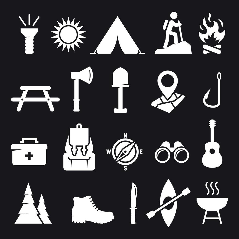 Camping icons set. White on a black background vector