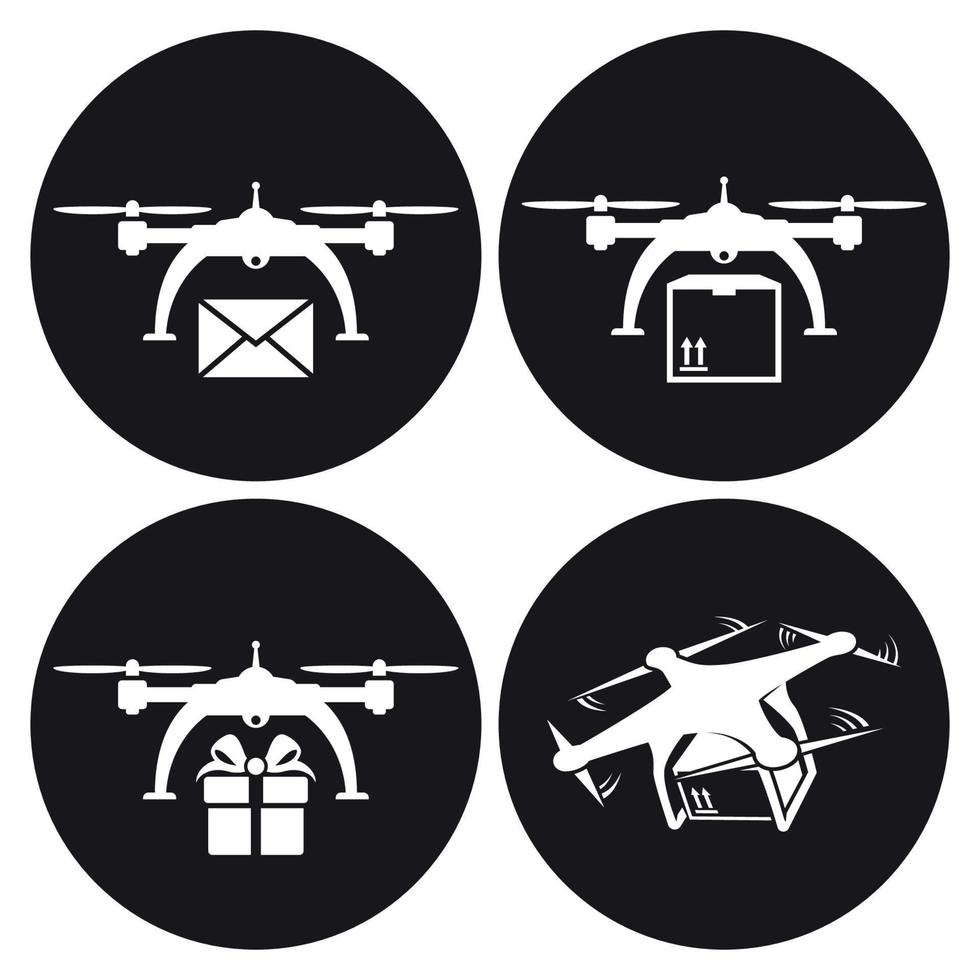 iconos de entrega de drones. blanco sobre un fondo negro vector