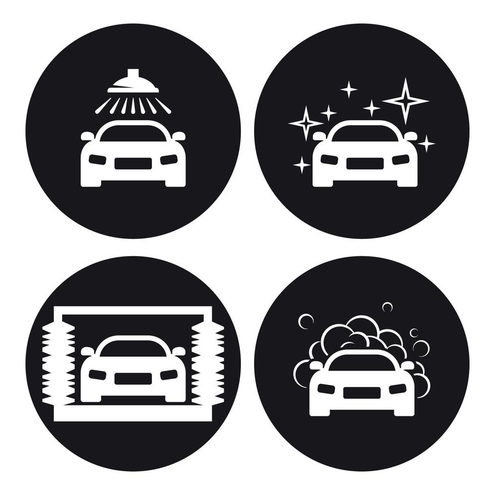 conjunto de iconos de lavado de autos. blanco sobre un fondo negro vector