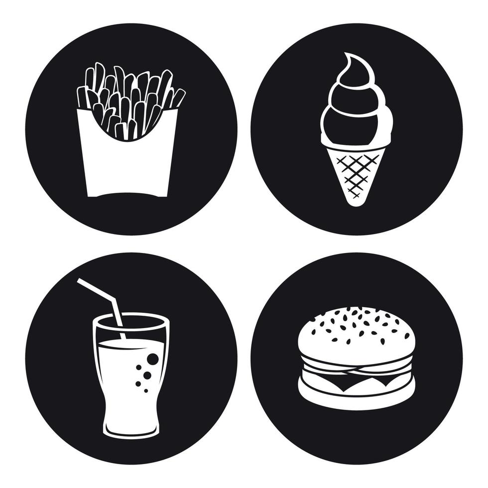 fast food icons set. White on a black background vector