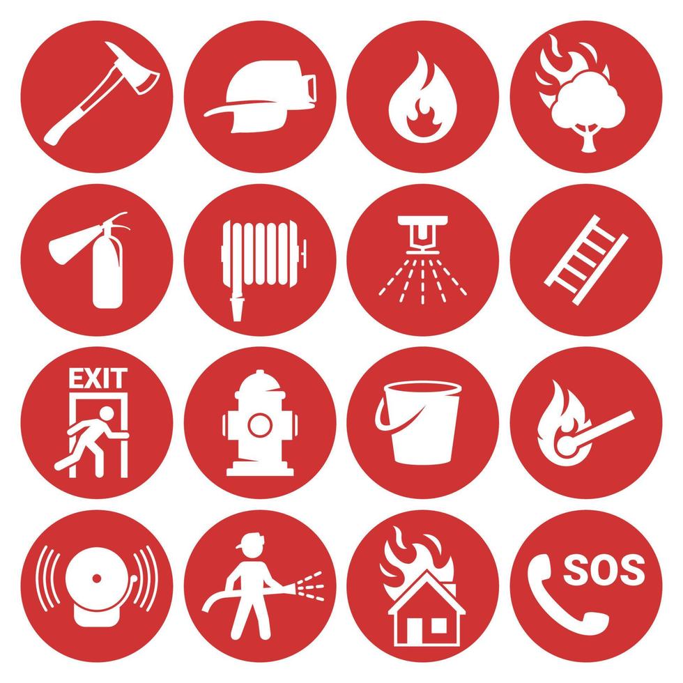 conjunto de iconos de emergencia de incendio. blanco sobre un fondo rojo vector