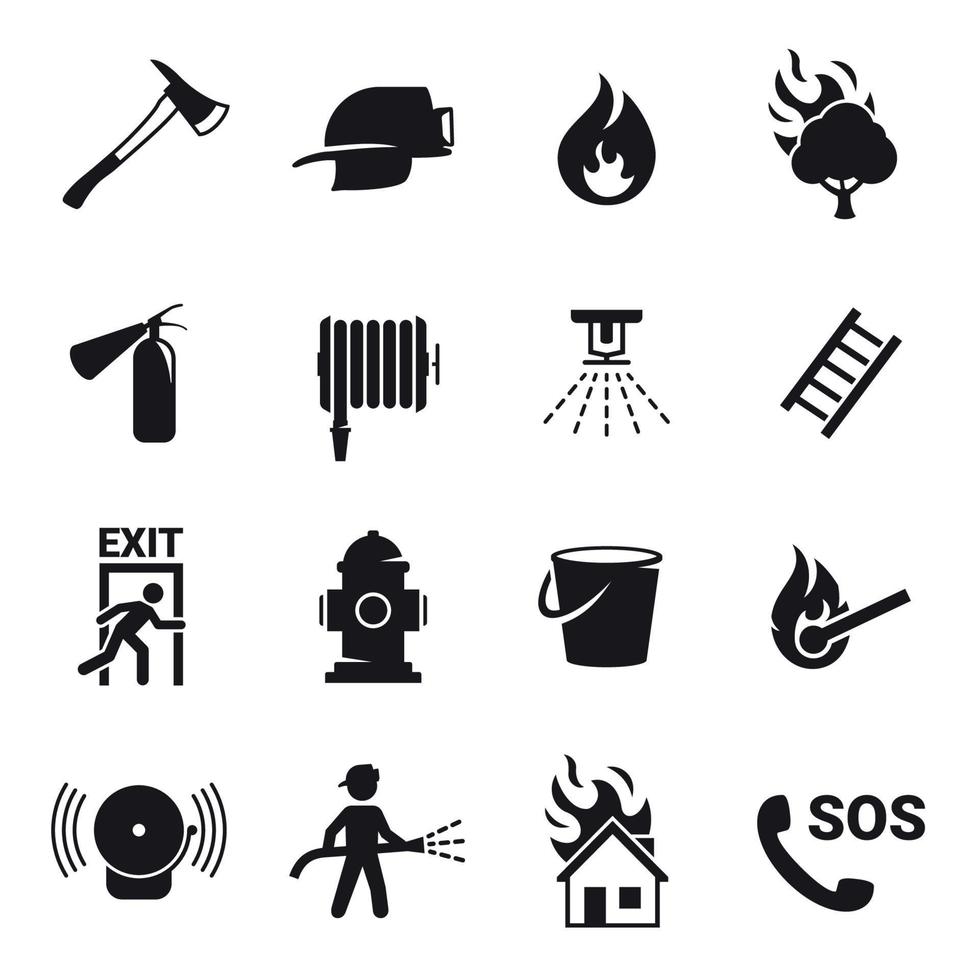 conjunto de iconos de emergencia de incendio. Negro sobre un fondo blanco vector