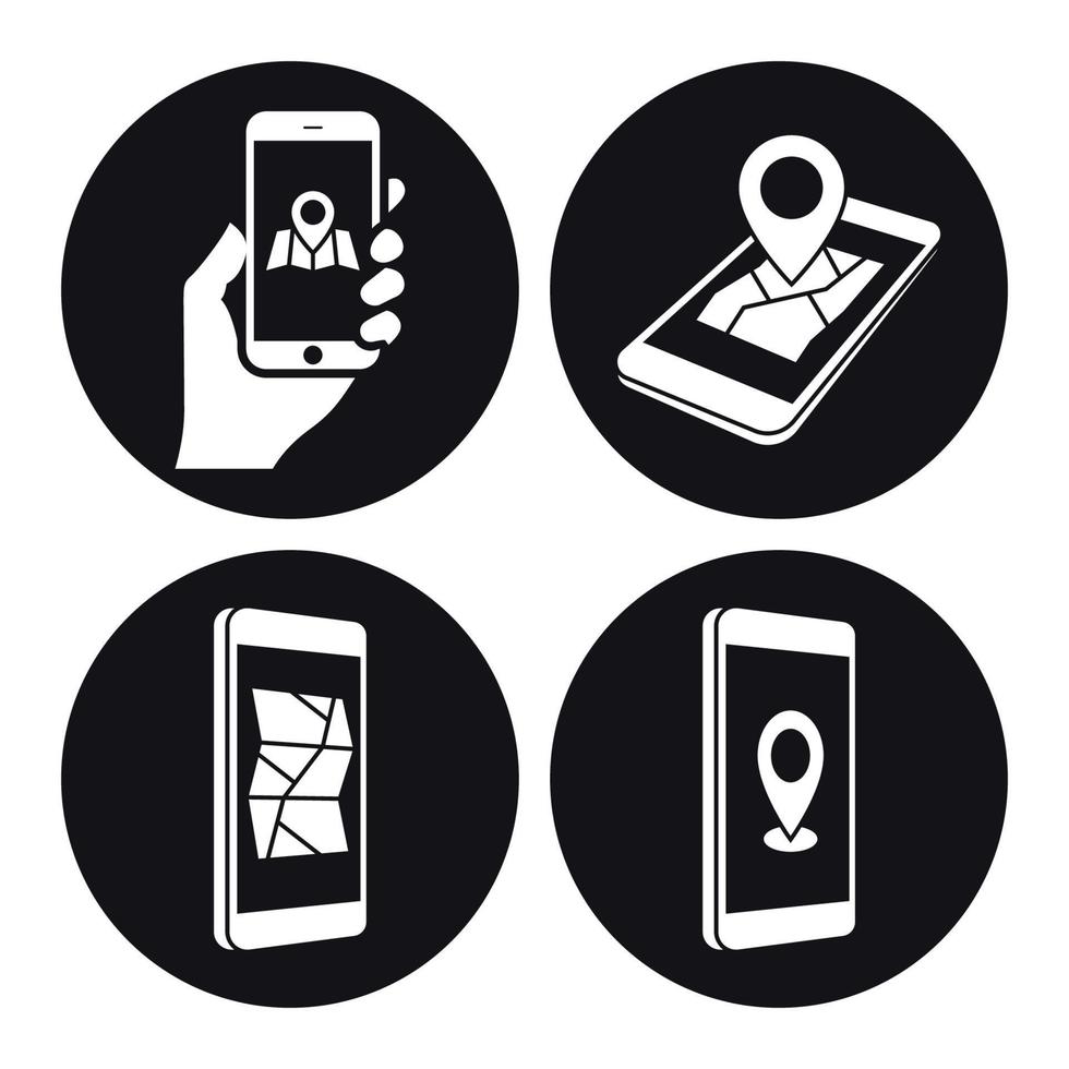 GPS phone icons. White on a black background vector